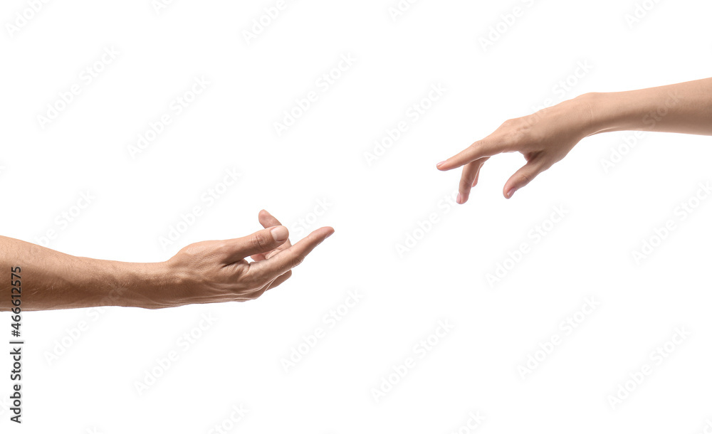 Woman and man reaching out to each other on white background Woman and man reaching out to each other on white background