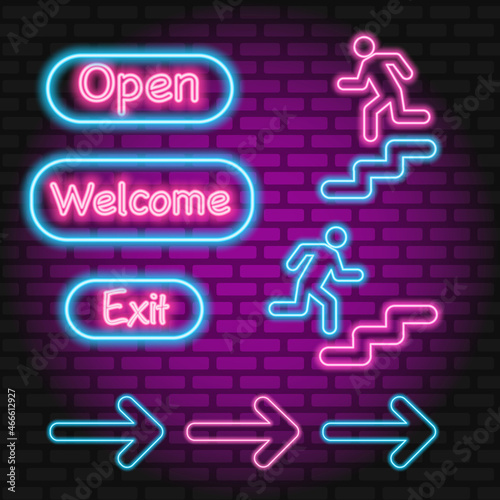 Neon sign. Signs for the entrance. Pictures for evacuation. Vector image.