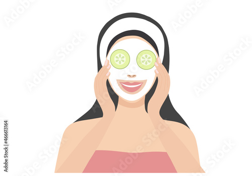Woman applying face mask sheet and cucumber on her eyes vector illustration. Beauty routine and skin care treatment concept