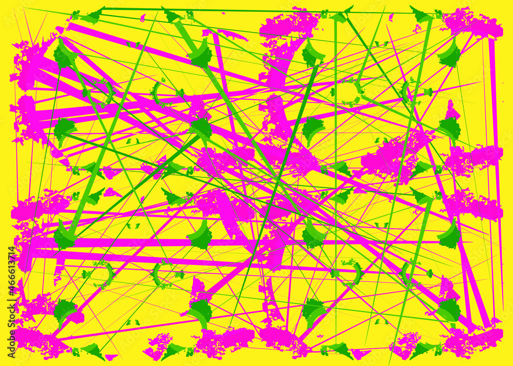 Random pattern of lines and spots. Several straight lines of various sizes and patches in green and pink on a yellow background. Vector art.