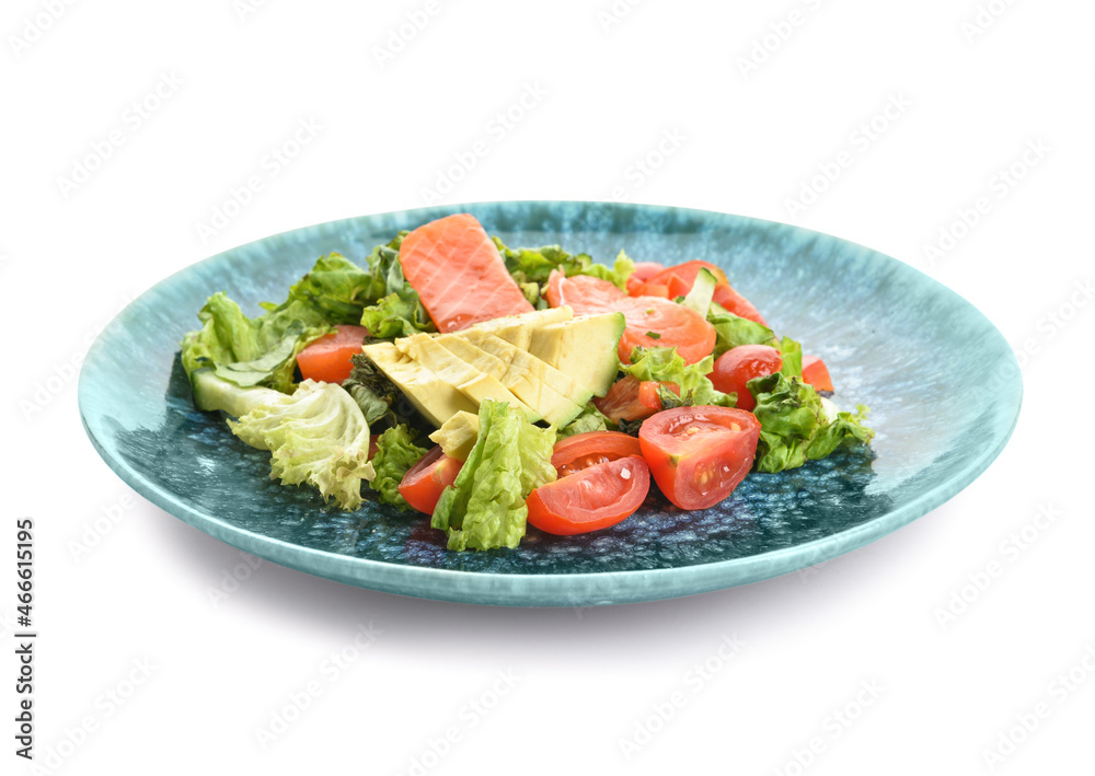 Fresh salad with salmon and vegetables on white background Fresh salad with salmon and vegetables on white background