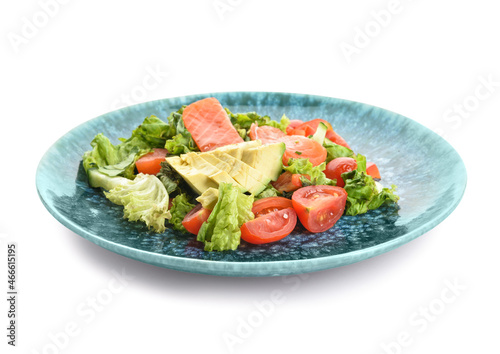 Fresh salad with salmon and vegetables on white background