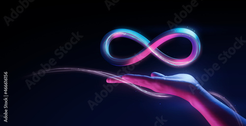 Hand holding virtual reality infinity symbol community connection of metaverse world global network technology system and abstract loop sign element on innovation digital communication 3d background. photo
