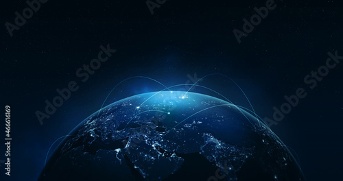 Night earth global virtual internet world connection of metaverse technology network digital communication and worldwide networking on connect 3d background. Elements of this image furnished by NASA. #466616169