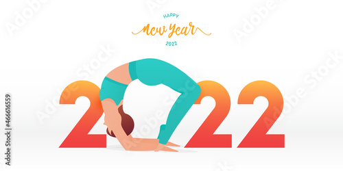 Happy New Year 2022 banner with yoga poses or asana posture. Year of good health. Banner design template for New Year 2022 decoration in Yoga Concept.