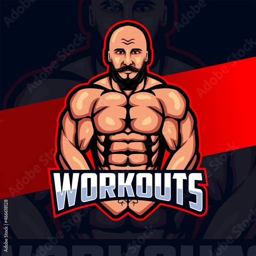 fitness man with strong muscle mascot logo concept for fitness and sport business design