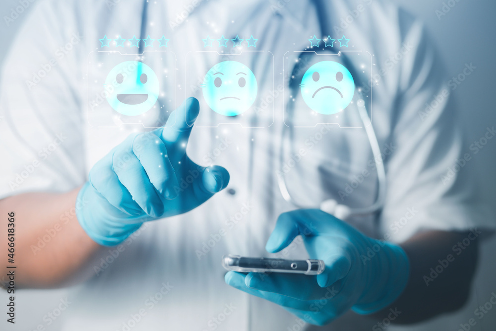 Fototapeta premium Doctors or scientists survey the satisfaction of the patient prevention management system and publish the COVID-19 mutation health preference survey concept. 
