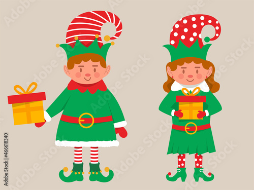 Happy Christmas Elf holding gift green costume season holiday vector