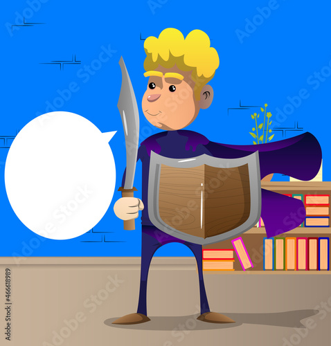 Funny cartoon man dressed as a superhero holding a sword and shield. Vector illustration.