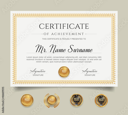 Diploma certificate border template with gold line art and badges
