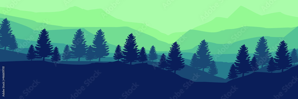 forest mountain flat design vector banner template good for web banner, ads banner, tourism banner, wallpaper, background template, and adventure design backdrop