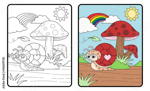 Snail and mushroom coloring book or page, education
