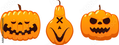 Set of cartoon pumpkins with funny faces for your Halloween design. pumpkins of different shapes and sizes. Collection of vector icons and elements for greeting card and poster, party sign.