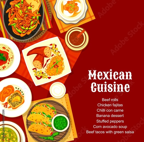 Mexican cuisine menu cover with vector spice food of vegetable and meat dishes. Taco with salsa sauce, stuffed peppers and chilli con carne, chicken fajitas, corn avocado soup and chorizo pasta