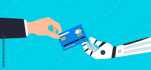 business man hand gives  a credit card to robot vector illustration