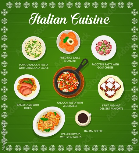 Italian cuisine menu, vector dishes of pasta with vegetables, meat and coffee with dessert. Potato gnocchi with gremolata sauce, fagottini with cheese and paccheri with veggies, baked lamb, panforte