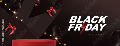 Black friday sale promotion banner layout design with product display cylindrical shape