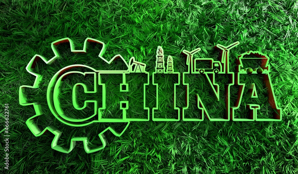 Fototapeta premium China country name with industrial icons and green grass