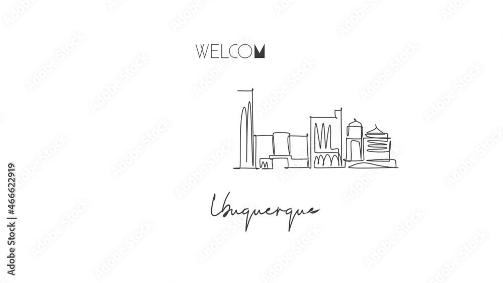 Animated self drawing of single continuous line draw Albuquerque city skyline, New Mexico. Famous city landscape. World travel concept home wall decor poster print art. Full length one line animation. Animated self drawing of single continuous line draw Albuquerque city skyline, New Mexico. Famous city landscape. World travel concept home wall decor poster print art. Full length one line animation.