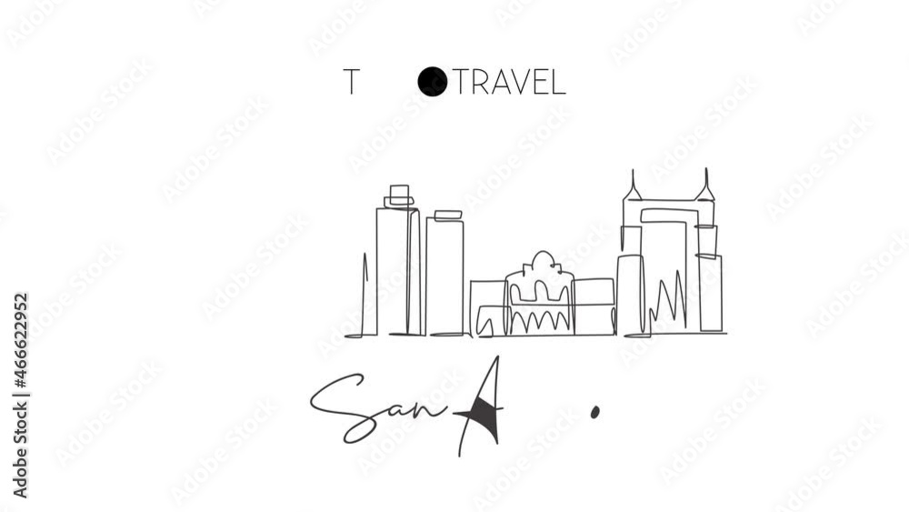Animated self drawing of single continuous line draw San Antonio city skyline, United States of America. Famous landscape. World travel concept wall decor poster print. Full length one line animation.