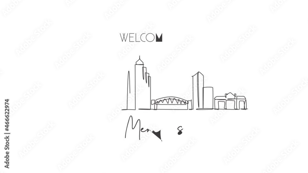 Animated self drawing of single continuous line draw Memphis city skyline, USA. Famous city scraper and landscape. World travel concept home wall decor poster print art. Full length one line animation Animated self drawing of single continuous line draw Memphis city skyline, USA. Famous city scraper and landscape. World travel concept home wall decor poster print art. Full length one line animation