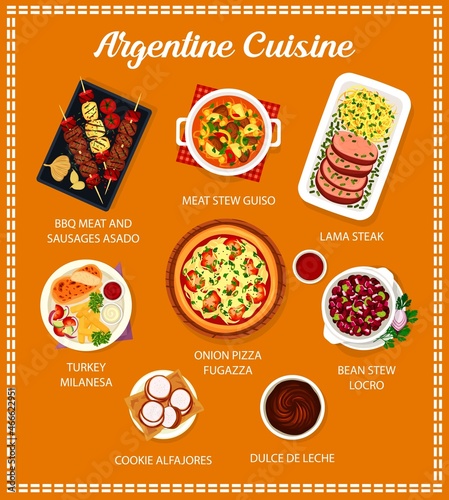 Argentine cuisine menu. Bean stew Locro, cookie Alfajores bbq and turkey Milanesa, onion pizza Fugazza, Lama steak and meat stew Guiso, Dulce de Leche, meat and sausages Asado