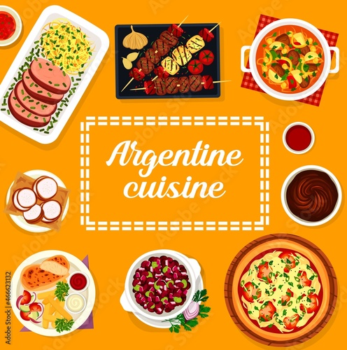 Argentine cuisine menu cover. Bbq meat and sausages Asado, meat stew Guiso and onion pizza Fugazza, Lama steak, cookie Alfajores and turkey Milanesa, bean stew Locro, Dulce de Leche
