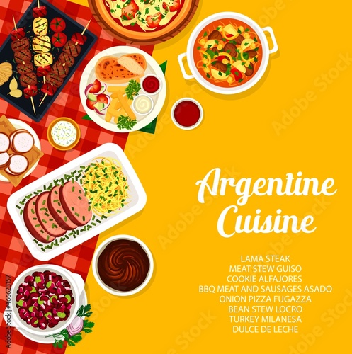 Argentine cuisine menu cover. Bbq meat and sausages Asado, meat stew Guiso and onion pizza Fugazza, Lama steak, cookie Alfajores and turkey Milanesa, bean stew Locro, Dulce de Leche