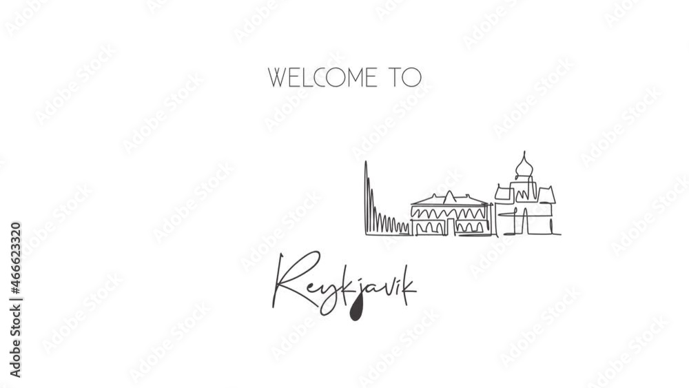 Animation of one line drawing of Reykjavik city skyline, Iceland. Historical town landscape in world. Best holiday destination poster. Editable continuous line self draw animated. Full length motion. Animation of one line drawing of Reykjavik city skyline, Iceland. Historical town landscape in world. Best holiday destination poster. Editable continuous line self draw animated. Full length motion.