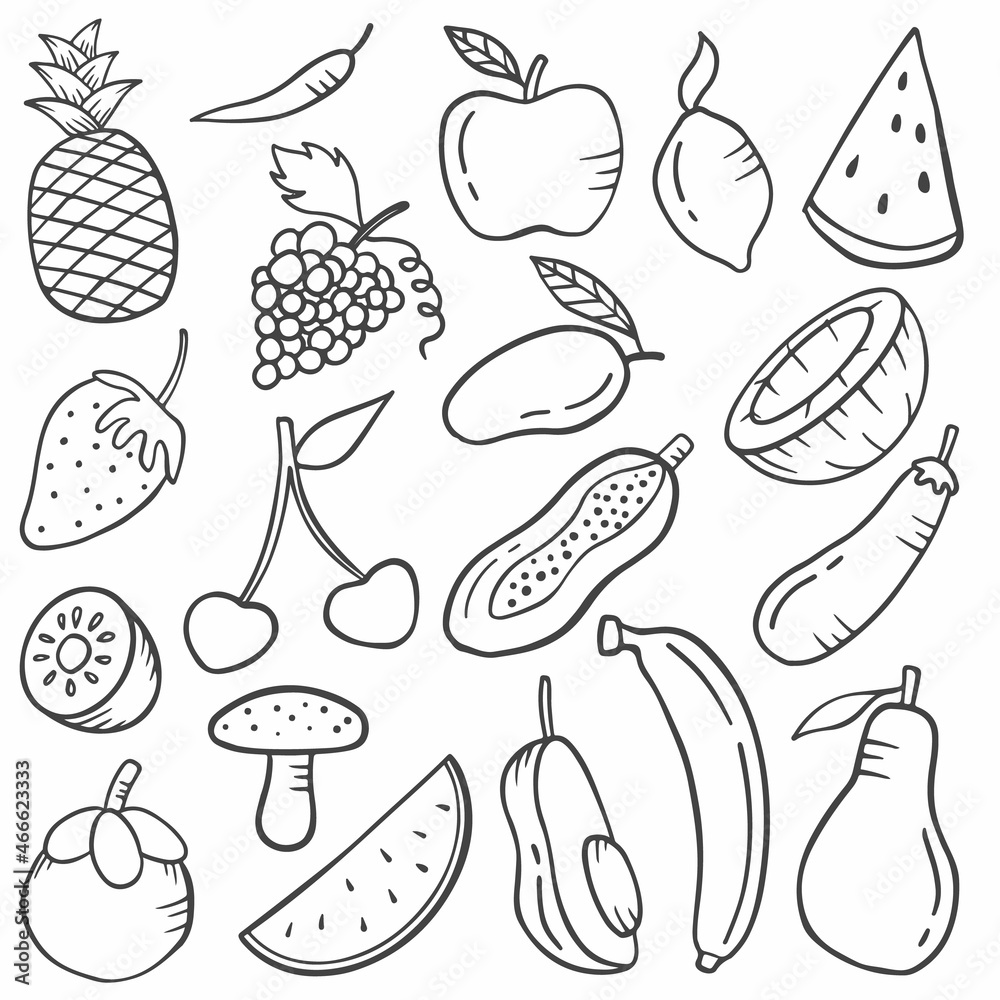 fruits food concept doodle hand drawn set collections with outline black and white style