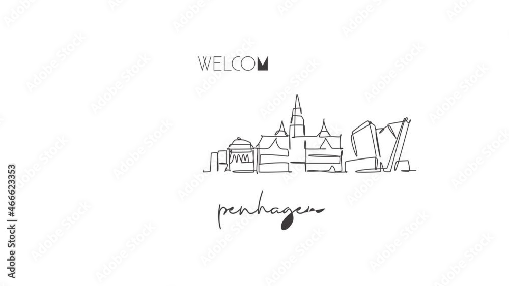Animation of one line drawing Copenhagen city skyline, Denmark. Historical town landscape in world. Best holiday destination wall decor poster. Continuous line self draw animated. Full length motion. Animation of one line drawing Copenhagen city skyline, Denmark. Historical town landscape in world. Best holiday destination wall decor poster. Continuous line self draw animated. Full length motion.