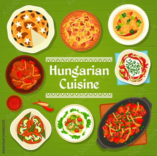 Hungarian cuisine menu cover. Poppy seed cake, Lecso stew with sausages and fish egg salad, beef goulash, salami pepper salad and pickled sausages utopenci, chicken Paprikash, sauerkraut stew Bigos