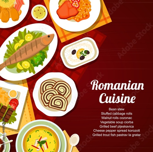 Romanian cuisine menu cover. Bean stew, vegetable soup Ciorba and cheese pepper spread Korozott, grilled trout fish Pastrav la gratar, beef Pljeskavica and stuffed cabbage rolls, walnut rolls Cozonac