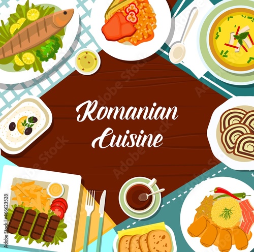 Romanian cuisine meals menu cover. Walnut rolls Cozonac, grilled trout Pastrav la gratar and cabbage rolls, grilled beef Pljeskavica, bean stew and cheese pepper spread Korozott, vegetable soup Ciorba photo