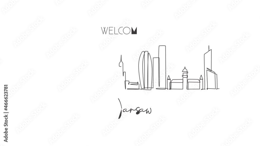 Animation of one line drawing of Warsaw city skyline, Poland. Historical skyscraper landscape in world. Best holiday destination wall poster art. Continuous line self draw animated. Full length motion Animation of one line drawing of Warsaw city skyline, Poland. Historical skyscraper landscape in world. Best holiday destination wall poster art. Continuous line self draw animated. Full length motion