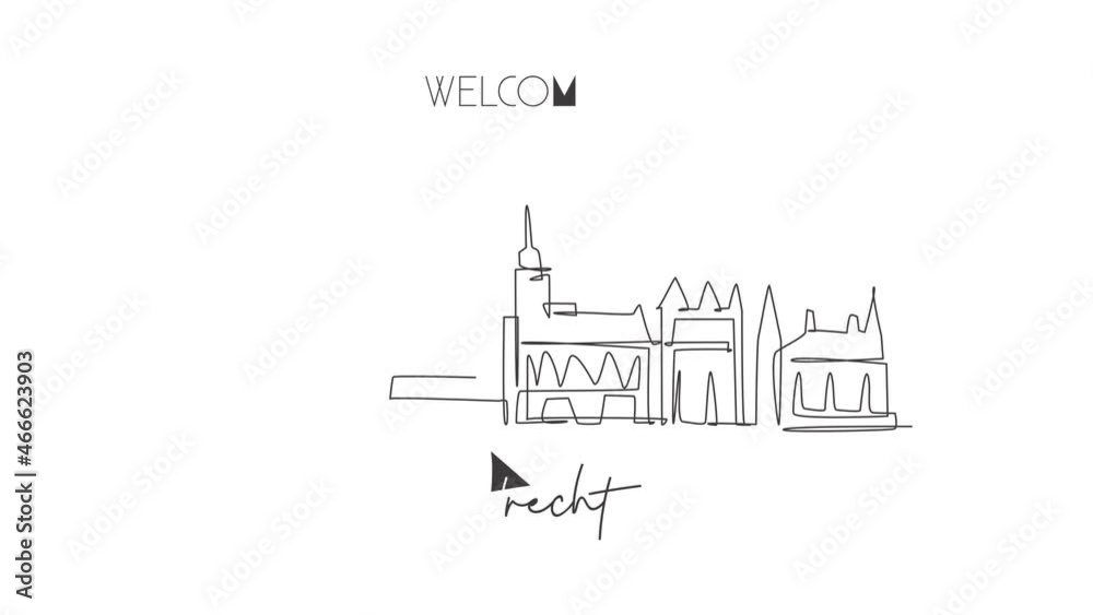 Animation of one line drawing of Utrecht city skyline,Netherlands. Historical landscape in world postcard. Best holiday destination decor poster. Continuous line self draw animated. Full length motion Animation of one line drawing of Utrecht city skyline,Netherlands. Historical landscape in world postcard. Best holiday destination decor poster. Continuous line self draw animated. Full length motion
