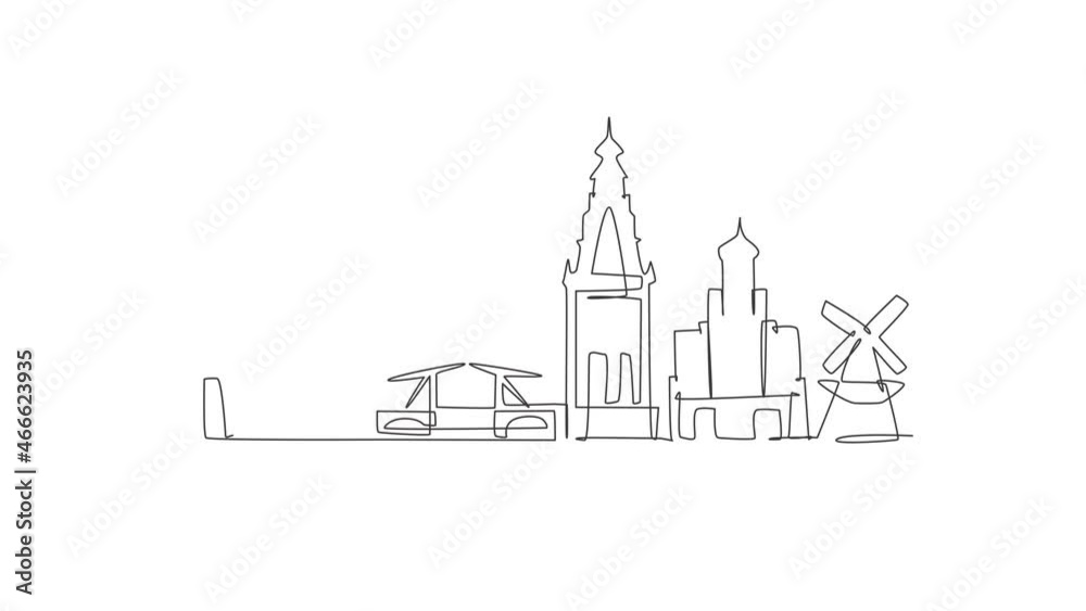 Animation of one line drawing of Leiden city skyline, Netherlands. Historical skyscraper landscape in world. Best holiday destination poster. Continuous line self draw animated. Full length motion. Animation of one line drawing of Leiden city skyline, Netherlands. Historical skyscraper landscape in world. Best holiday destination poster. Continuous line self draw animated. Full length motion.