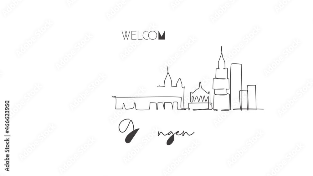 Animation of one line drawing of Groningen city skyline, Netherlands. Historical skyscraper landscape in world. Best holiday destination poster. Continuous line self draw animated. Full length motion. Animation of one line drawing of Groningen city skyline, Netherlands. Historical skyscraper landscape in world. Best holiday destination poster. Continuous line self draw animated. Full length motion.