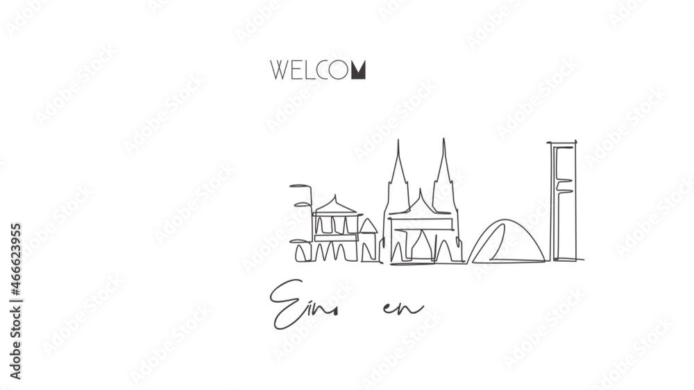 Animated self drawing of continuous line draw Eindhoven city skyline, Netherlands. Famous skyscraper and landscape postcard. World travel wall decor poster concept. Full length one line animation.