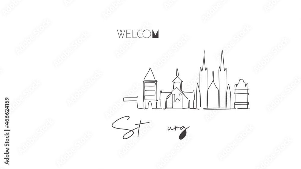 Animation of one line drawing of Strasbourg city skyline, France. Historical skyscraper landscape in world. Best holiday destination wall poster. Continuous line self draw animated. Full length motion Animation of one line drawing of Strasbourg city skyline, France. Historical skyscraper landscape in world. Best holiday destination wall poster. Continuous line self draw animated. Full length motion