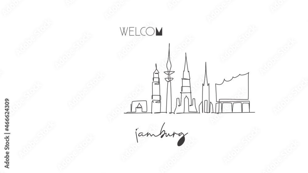 Animated self drawing of one continuous line draw Hamburg city skyline, Germany. Beautiful skyscraper. World landscape tourism travel wall decor poster print concept. Full length single line animation Animated self drawing of one continuous line draw Hamburg city skyline, Germany. Beautiful skyscraper. World landscape tourism travel wall decor poster print concept. Full length single line animation