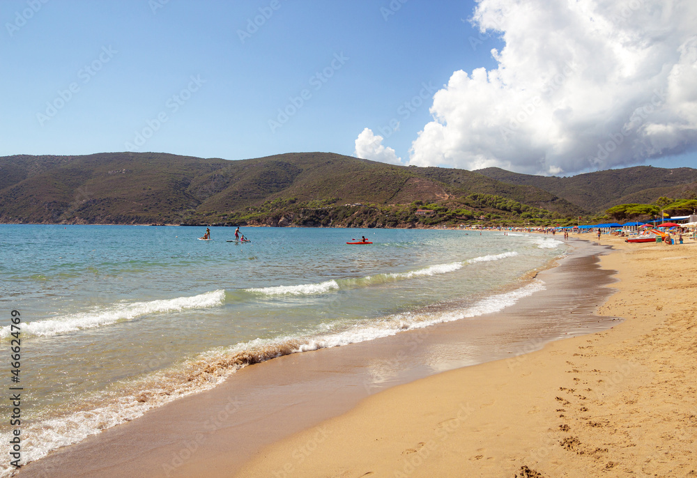 Lacona, Island of Elba Italy - 18 September 2021 people enjoying sandy beach at Lacona, perfect for families and camping