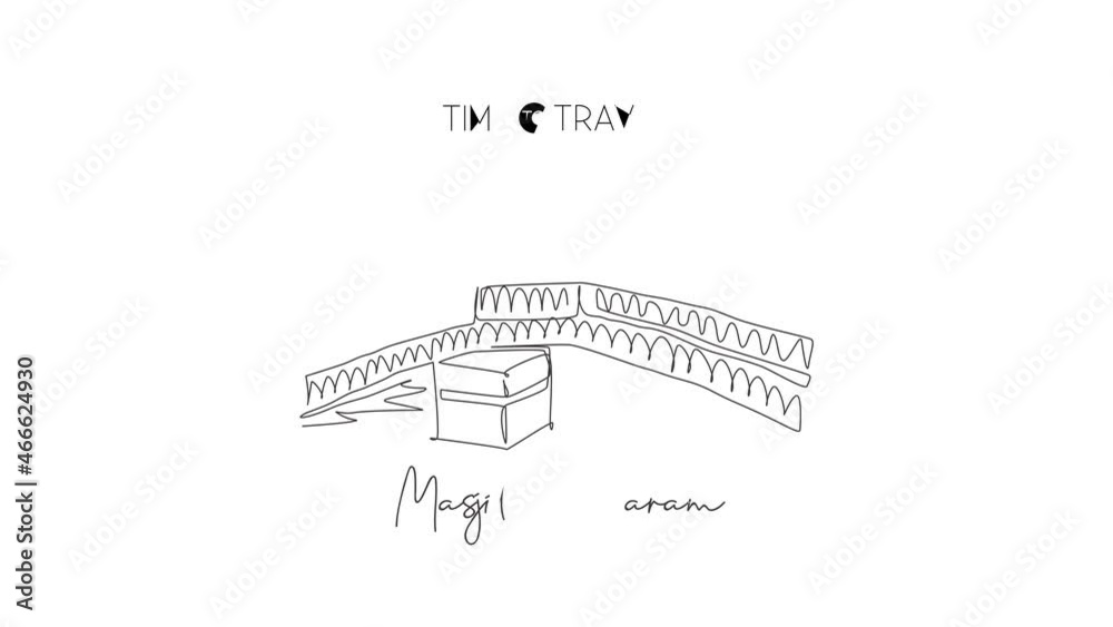 Animation of one line drawing Masjid el Haram landmark. World famous