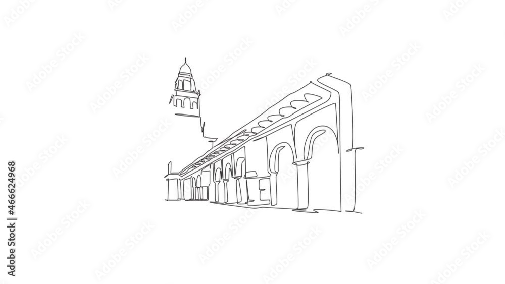 Animated self drawing of continuous line draw Great Mosque of Cordoba landmark. Famous place in Andalusia, Spain. World travel campaign wall decor print art concept. Full length one line animation. Animated self drawing of continuous line draw Great Mosque of Cordoba landmark. Famous place in Andalusia, Spain. World travel campaign wall decor print art concept. Full length one line animation.