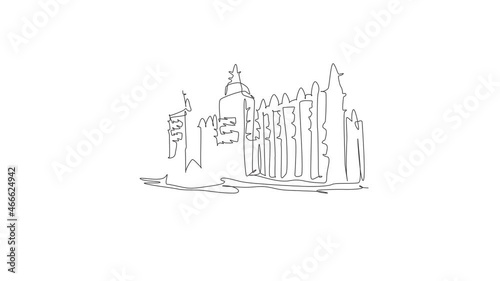 Animated self drawing of continuous line draw great mosque of Djenne landmark. Historical masjid in Mopti, Mali, Africa. Holiday vacation wall decor poster concept. Full length single line animation. photo