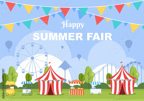 Summer Fair with Carnival, Circus, Funfair or Amusement Park. Landscape of Carousels, Roller Coaster, Air Balloon and Playground Vector Illustration