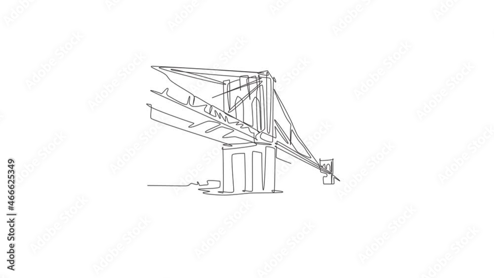 Animation of one line drawing Brooklyn Bridge landmark. World famous place in New York City, USA. Tourism travel wall decor home art poster. Continuous line self draw animated. Full length motion.