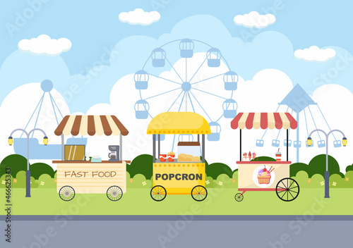 Summer Fair with Carnival, Circus, Funfair or Amusement Park. Landscape of Carousels, Roller Coaster, Air Balloon and Playground Vector Illustration