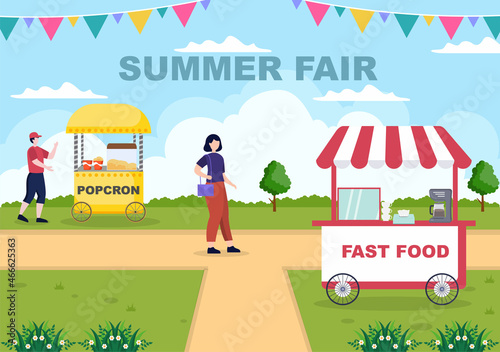 Summer Fair with Carnival, Circus, Funfair or Amusement Park. Landscape of Carousels, Roller Coaster, Air Balloon and Playground Vector Illustration