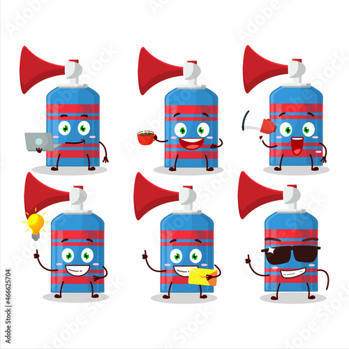 Blue air horn cartoon character with various types of business emoticons photo